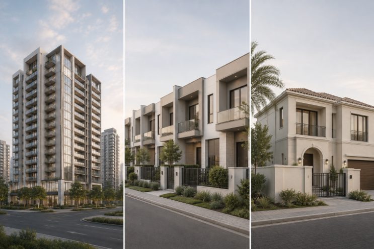 Side-by-side Comparison of an Apartment Building, Townhouse Row, and Standalone Villa in Dubai.