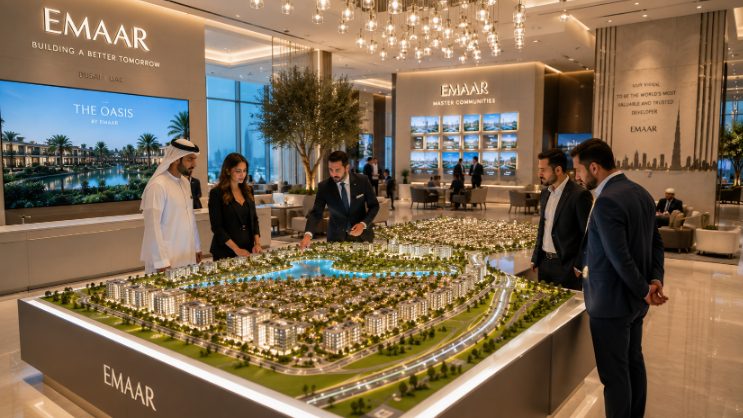 Inside a luxury Dubai property developer sales center featuring a large architectural master plan scale model.