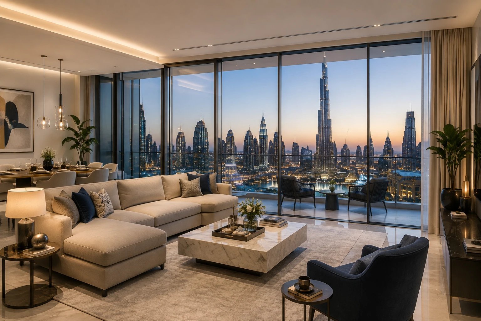 High-yield luxury rental apartment interior in Downtown Dubai with Burj Khalifa skyline views.