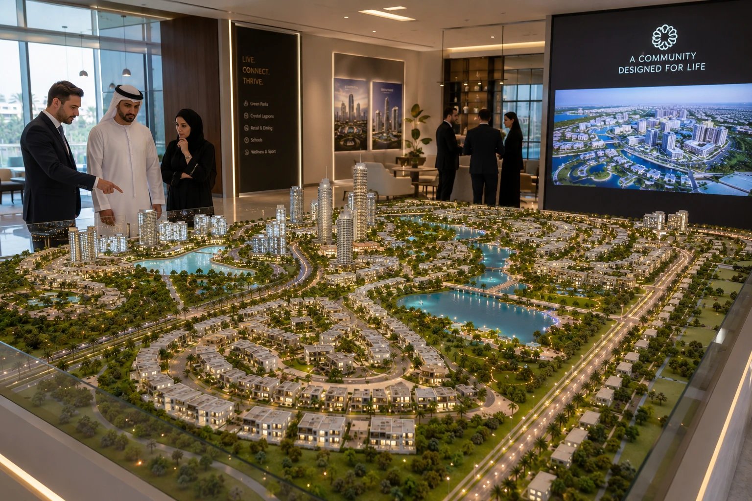Off-plan real estate project scale model on display in a Dubai property developer sales gallery.