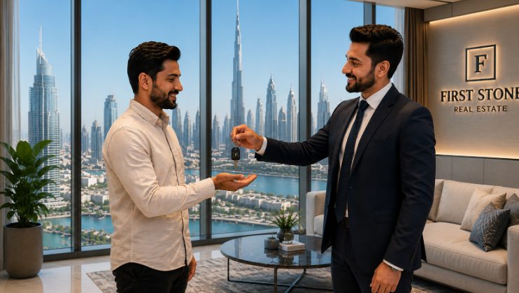 Successful handover of a completed Dubai off-plan property with a real estate agent handing keys to a buyer.