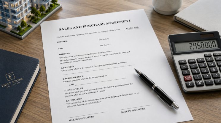 Real estate Sales and Purchase Agreement contract detailing off-plan property payment plans and pricing parity in Dubai.