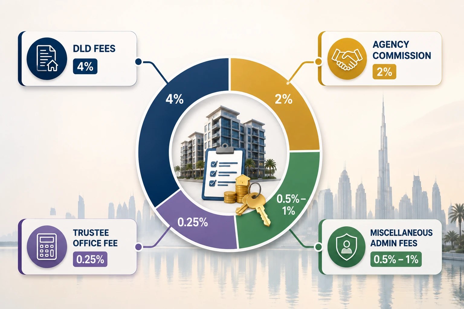Breakdown of transaction costs and fees when buying real estate in Dubai.