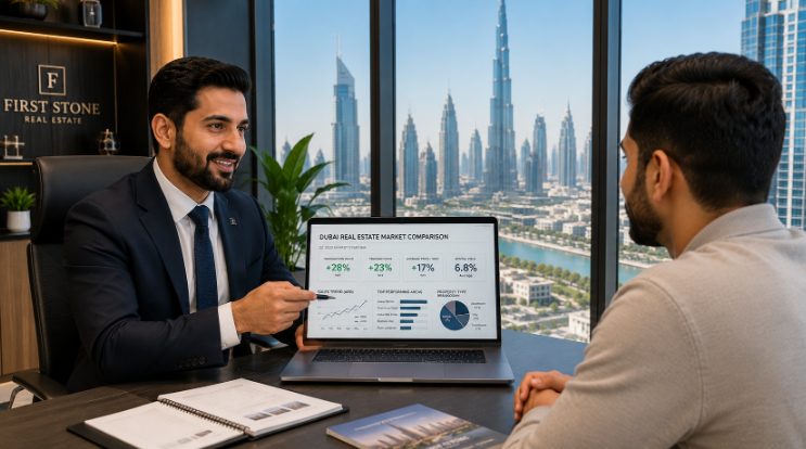 Dubai real estate agent presenting an unbiased cross-developer property market comparison to an investor.