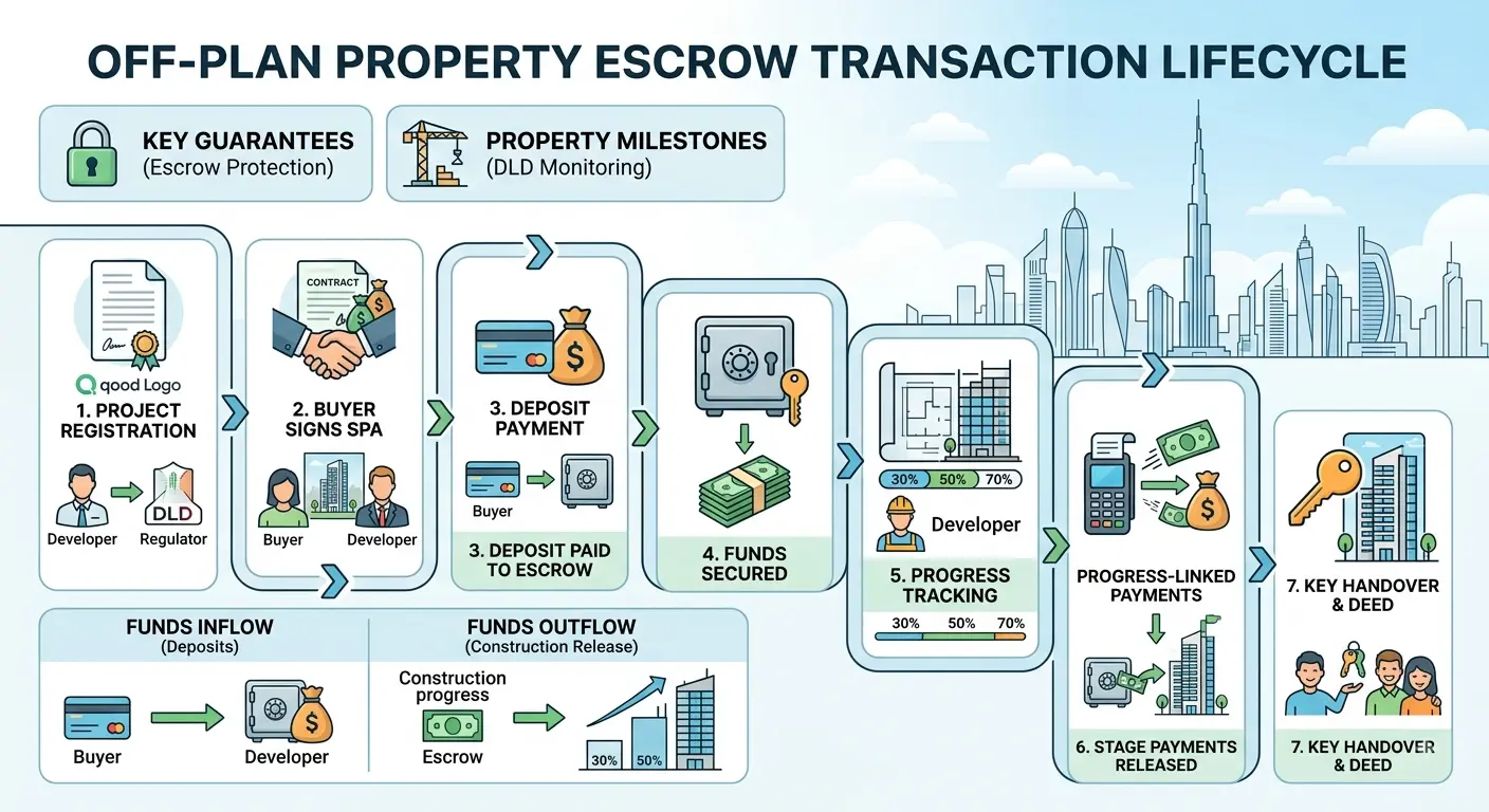 Visual comparison of a RERA escrow account versus a standard trust account in Dubai, showing regulation, oversight and fund-use differences