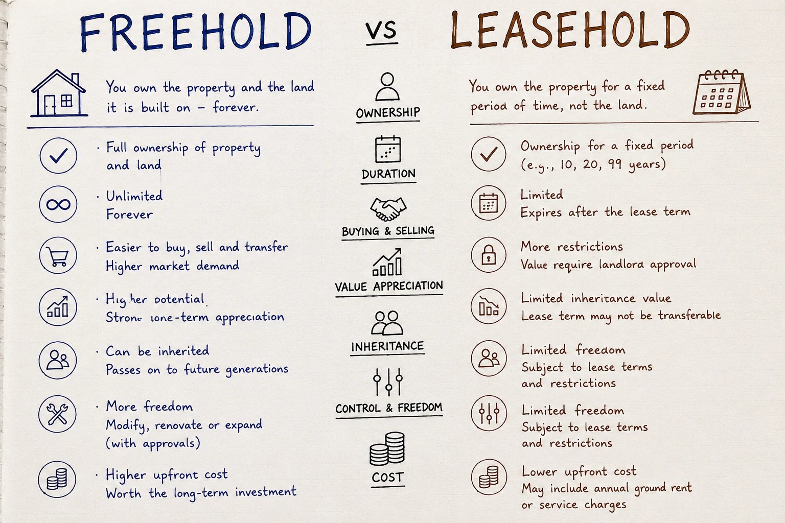 Freehold vs leasehold Dubai comparison table of ownership rights and duration