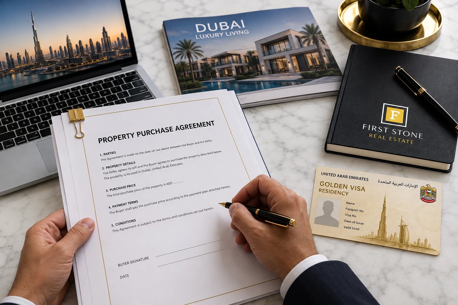 UAE Golden Visa application documents alongside real estate purchase paperwork in Dubai.