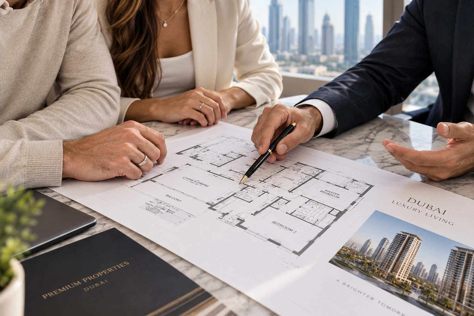Real estate agent discussing a property floor plan with a couple in a luxury Dubai apartment overlooking the city skyline.