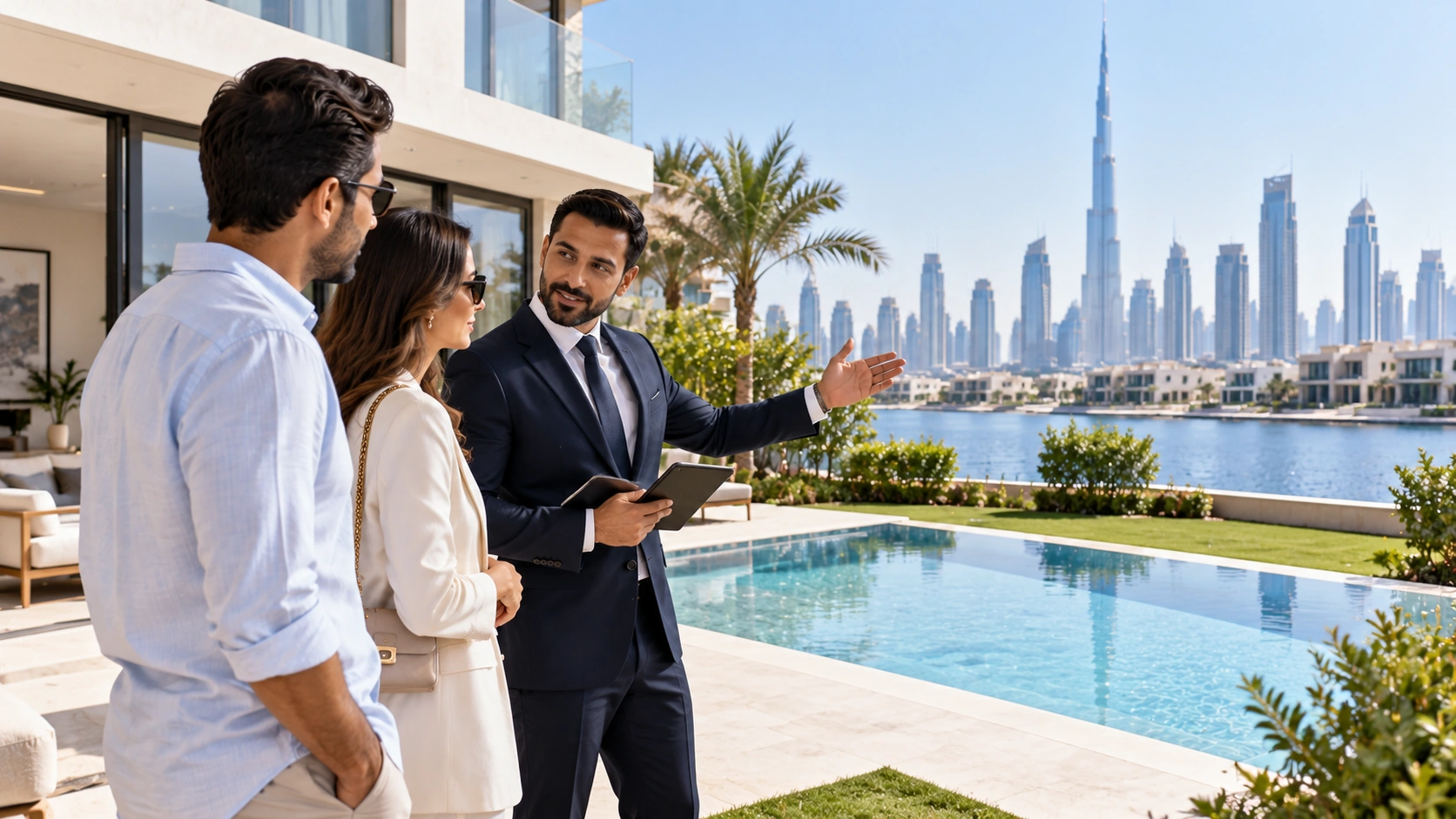 Real estate agent showing a luxury Dubai waterfront villa and pool to a couple with the city skyline in the background.