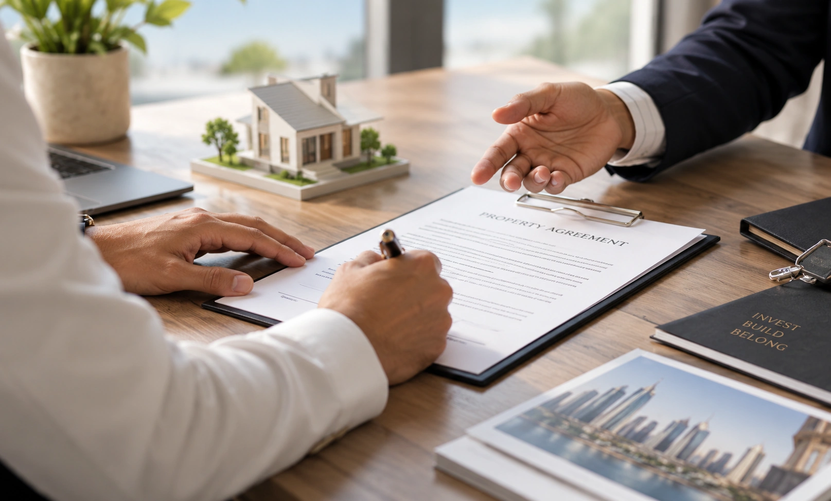 Real estate professionals reviewing and signing a property agreement