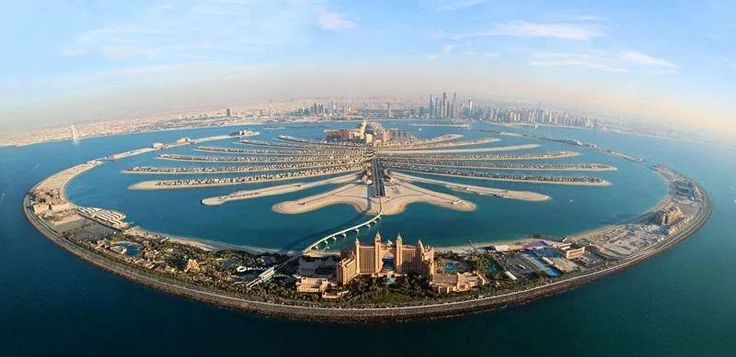 Aerial view of Palm Jumeirah island, Dubai, showing the trunk, fronds and crescent