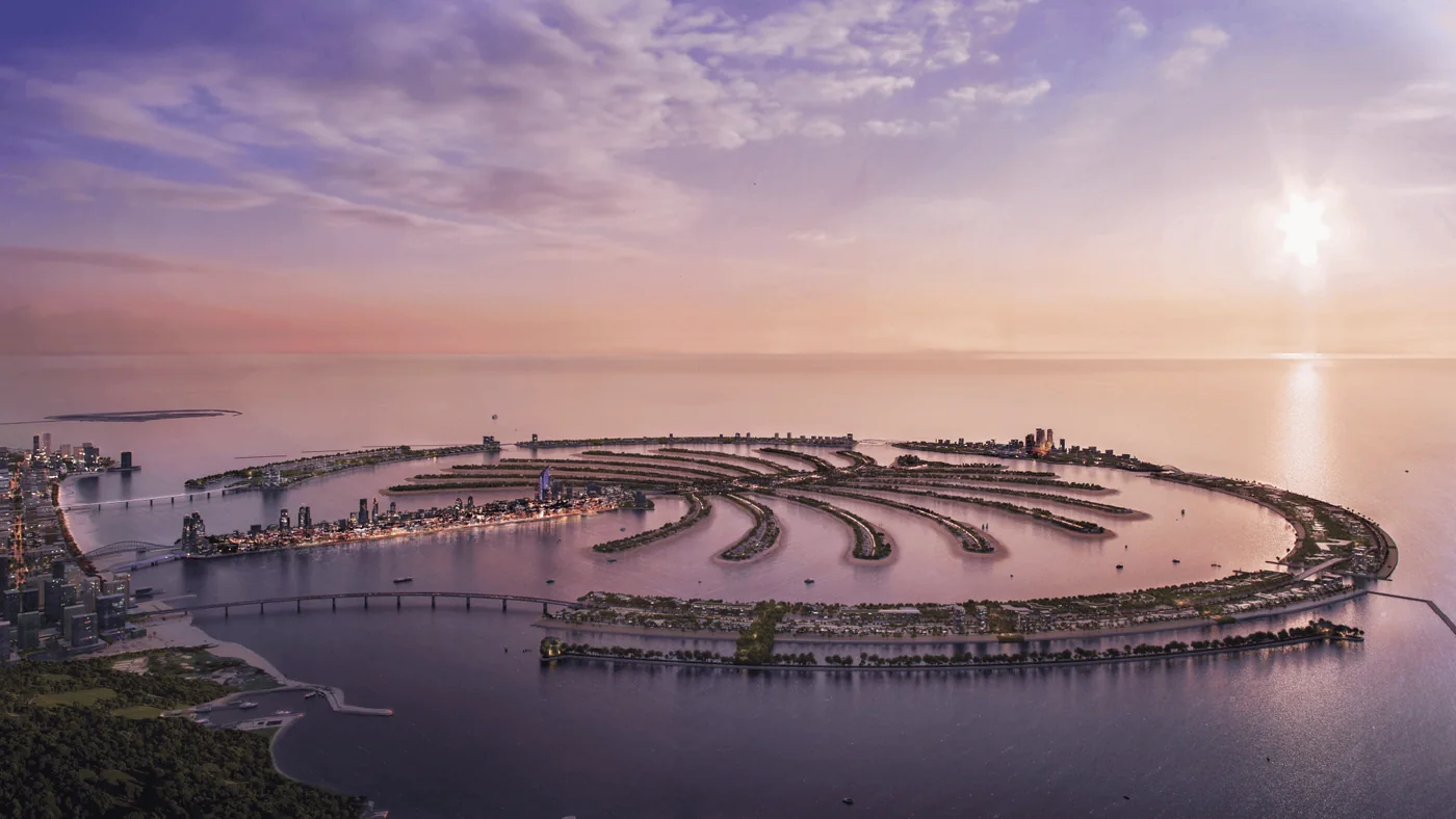 Luxury waterfront villas and beachfront residences along a Palm Jumeirah frond