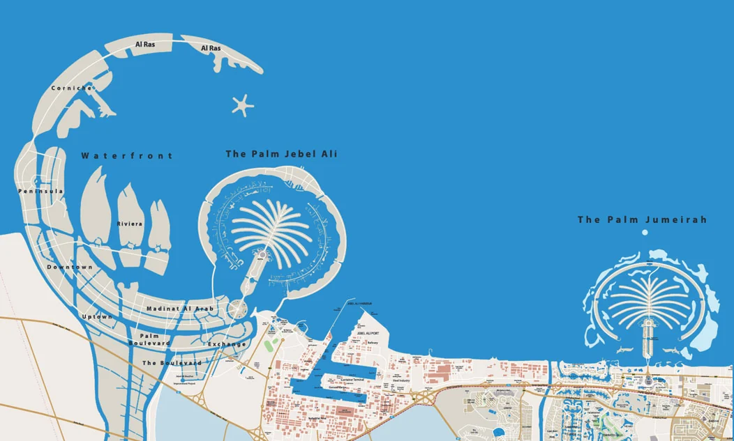 Master plan render of Palm Jebel Ali showing seven linked islands and fronds under development