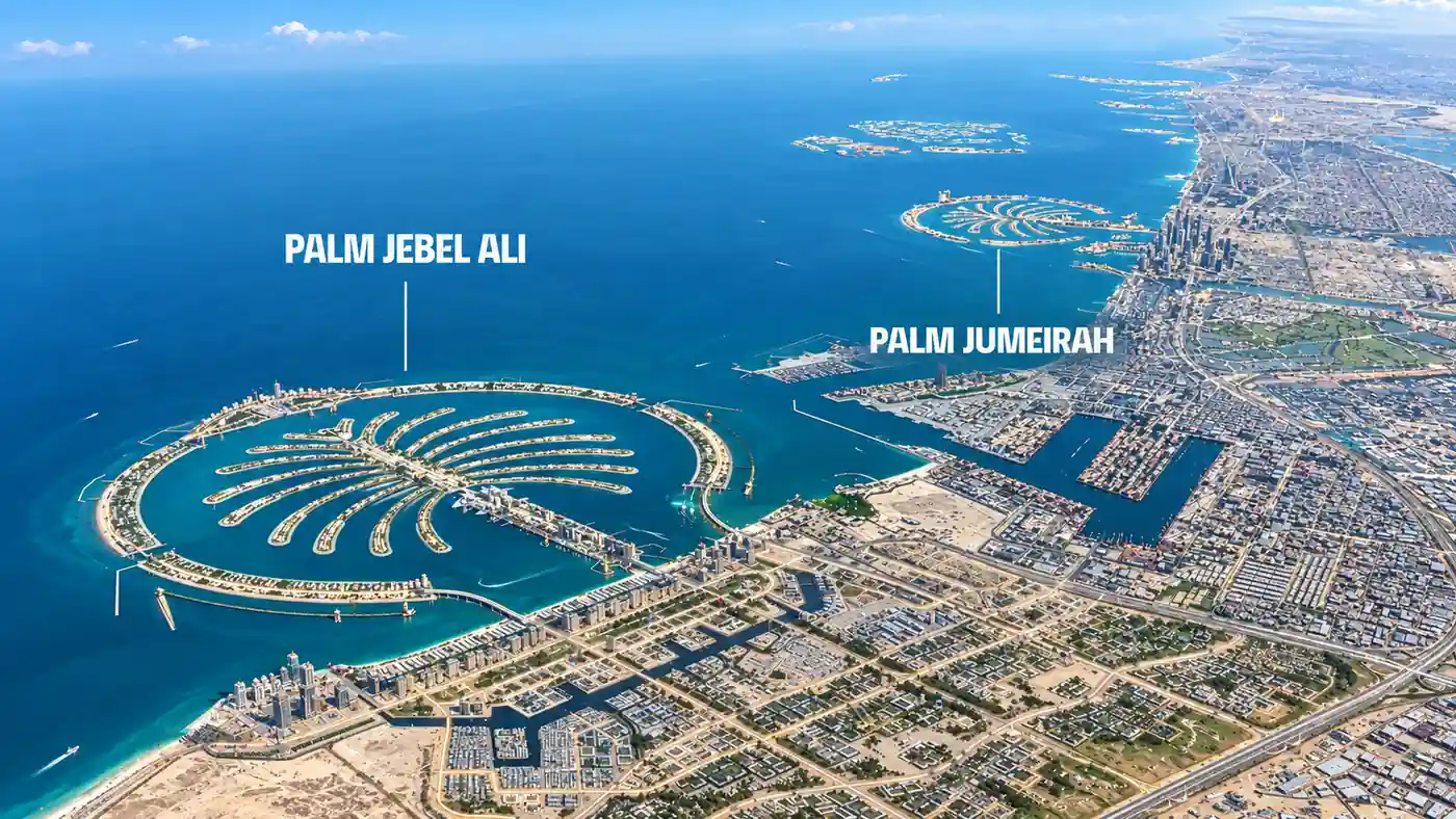 Beachfront villa collection render at Palm Jebel Ali with private garden and sea frontage